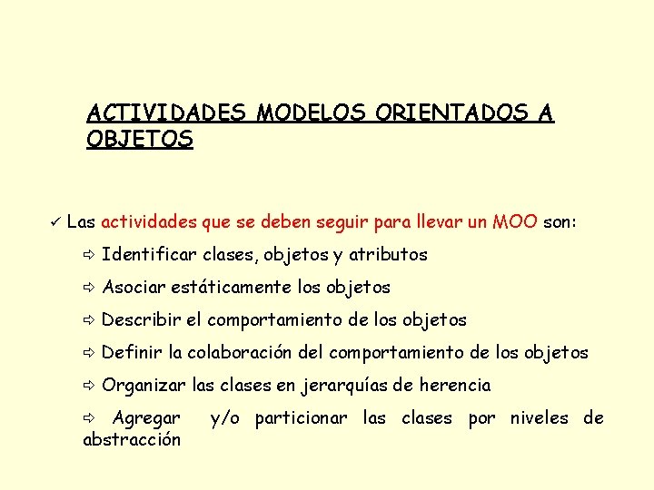 ACTIVIDADES MODELOS ORIENTADOS A OBJETOS ü Las actividades que se deben seguir para llevar