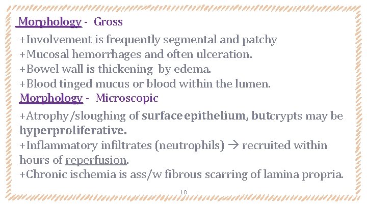 Morphology - Gross +Involvement is frequently segmental and patchy +Mucosal hemorrhages and often ulceration.