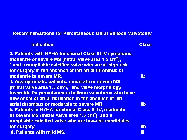 Recommendations for Percutaneous Mitral Balloon Valvotomy Indication 3. Patients with NYHA functional Class III-IV