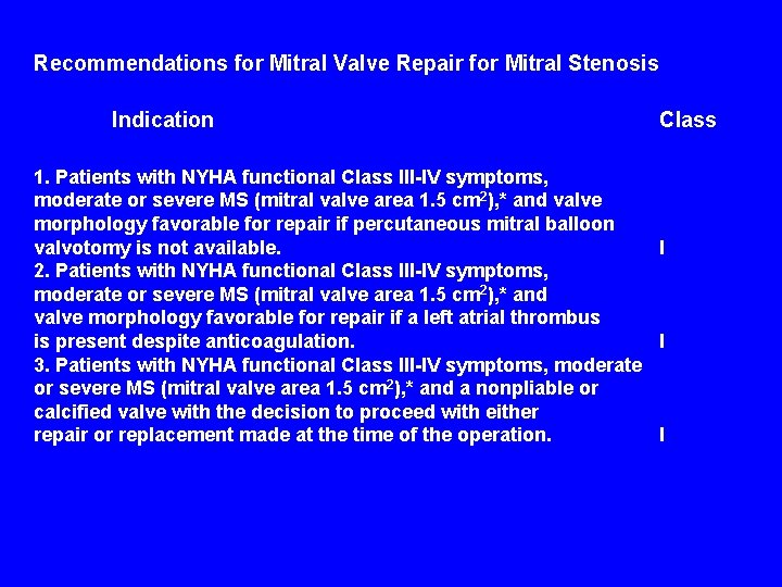 Recommendations for Mitral Valve Repair for Mitral Stenosis Indication Class 1. Patients with NYHA