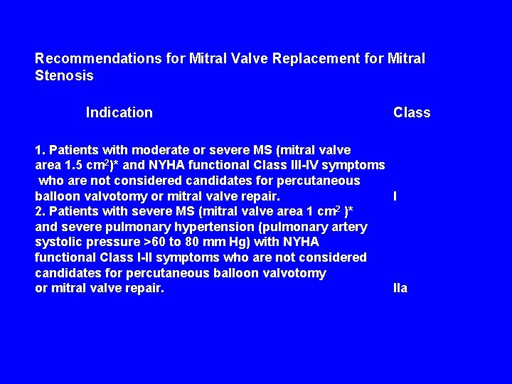 Recommendations for Mitral Valve Replacement for Mitral Stenosis Indication Class 1. Patients with moderate