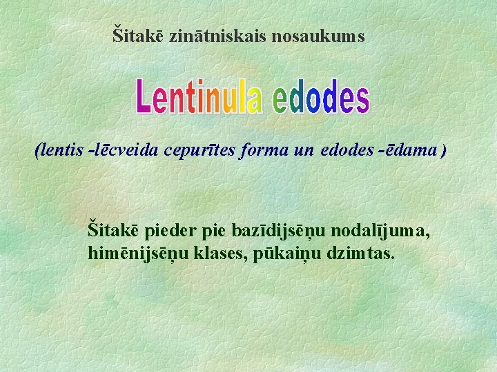 Šitakē zinātniskais nosaukums (lentis -lēcveida cepurītes forma un edodes -ēdama ) Šitakē pieder pie