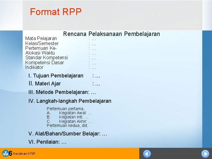 Format RPP Rencana Pelaksanaan Pembelajaran Mata Pelajaran Kelas/Semester Pertemuan Ke. Alokasi Waktu Standar Kompetensi