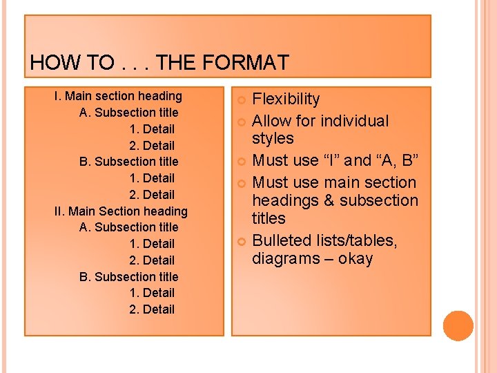 HOW TO. . . THE FORMAT I. Main section heading A. Subsection title 1.