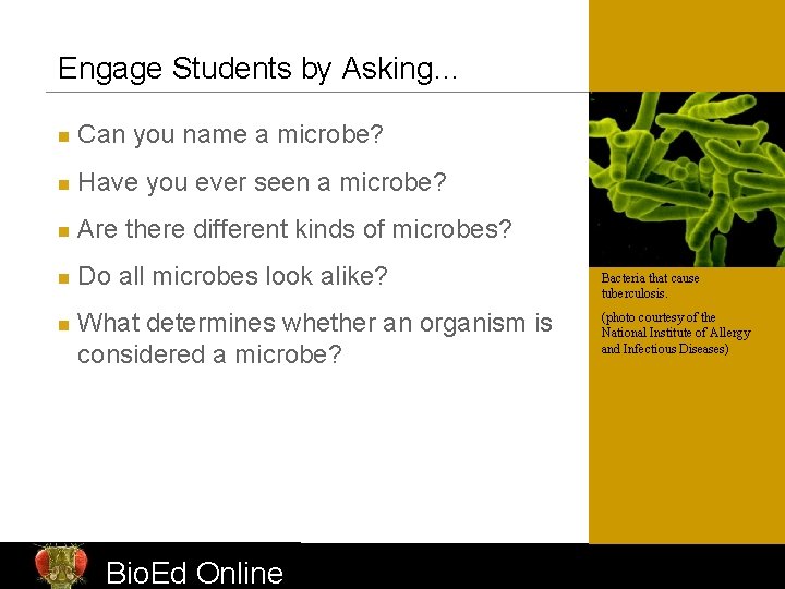 Engage Students by Asking… n Can you name a microbe? n Have you ever