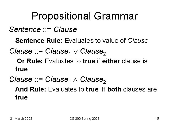 Propositional Grammar Sentence : : = Clause Sentence Rule: Evaluates to value of Clause