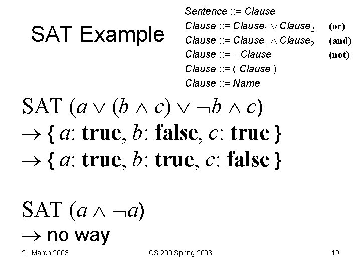SAT Example Sentence : : = Clause 1 Clause 2 Clause : : =
