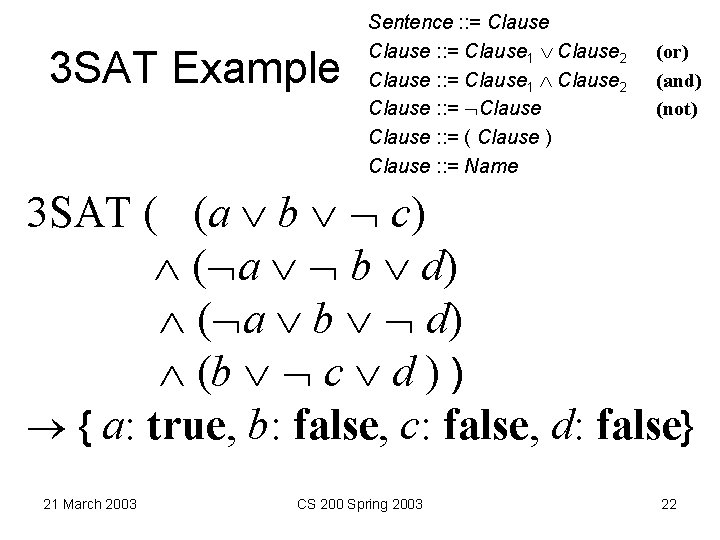 3 SAT Example Sentence : : = Clause 1 Clause 2 Clause : :