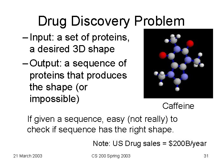 Drug Discovery Problem – Input: a set of proteins, a desired 3 D shape