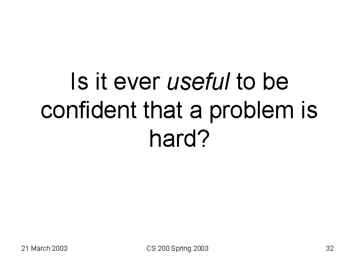 Is it ever useful to be confident that a problem is hard? 21 March