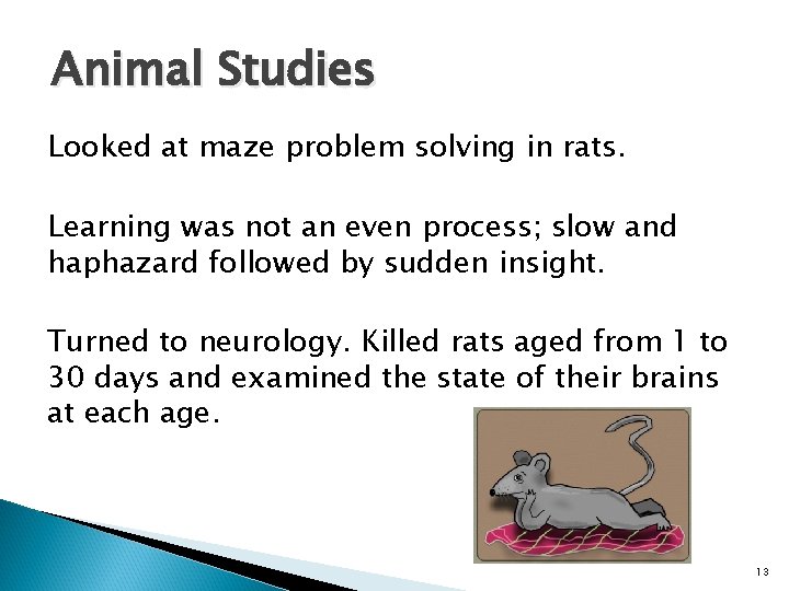 Animal Studies Looked at maze problem solving in rats. Learning was not an even
