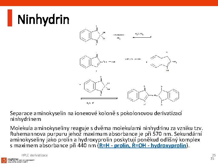 Ninhydrin Separace aminokyselin na ionexové koloně s pokolonovou derivatizací ninhydrinem Molekula aminokyseliny reaguje s
