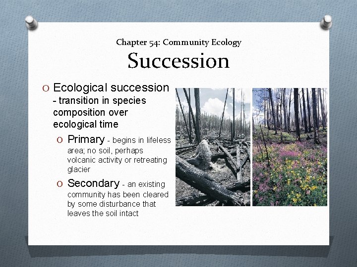 Chapter 54: Community Ecology Succession O Ecological succession - transition in species composition over