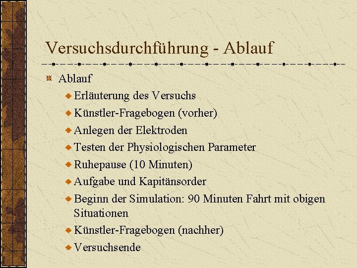 Versuchsdurchführung - Ablauf Erläuterung des Versuchs Künstler-Fragebogen (vorher) Anlegen der Elektroden Testen der Physiologischen