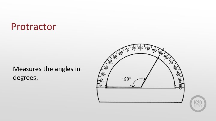 Protractor Measures the angles in degrees. 