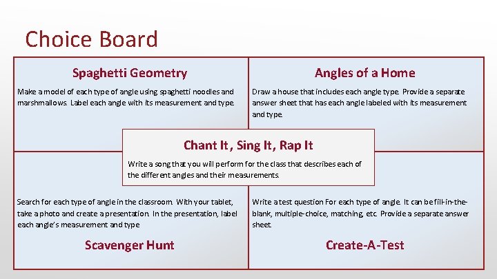 Choice Board Spaghetti Geometry Make a model of each type of angle using spaghetti