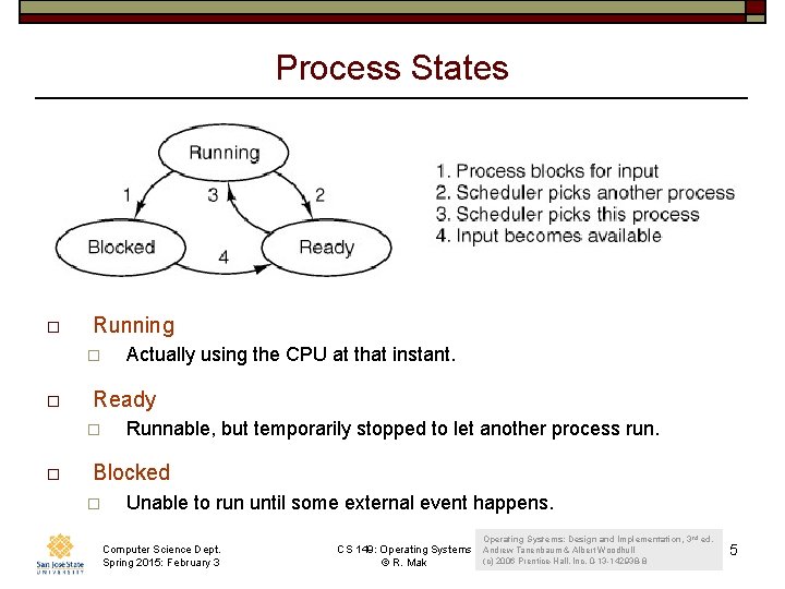 Process States o Running o o Ready o o Actually using the CPU at