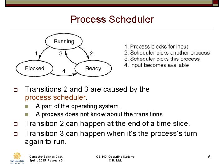 Process Scheduler o Transitions 2 and 3 are caused by the process scheduler. n