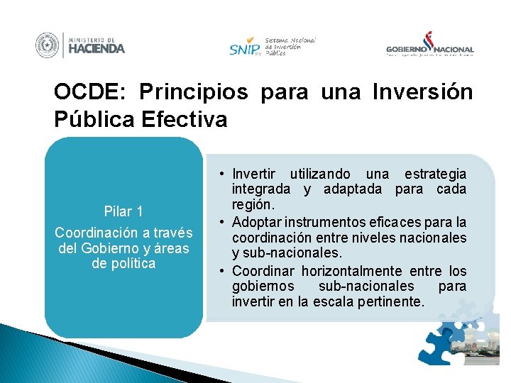 OCDE: Principios para una Inversión Pública Efectiva Pilar 1 Coordinación a través del Gobierno
