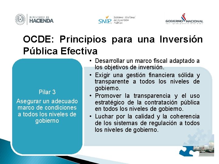 OCDE: Principios para una Inversión Pública Efectiva Pilar 3 Asegurar un adecuado marco de