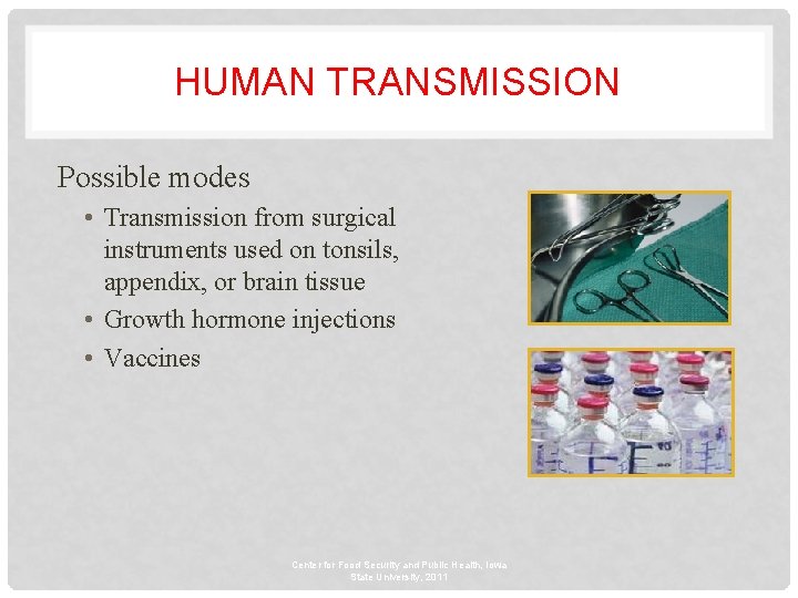 HUMAN TRANSMISSION Possible modes • Transmission from surgical instruments used on tonsils, appendix, or