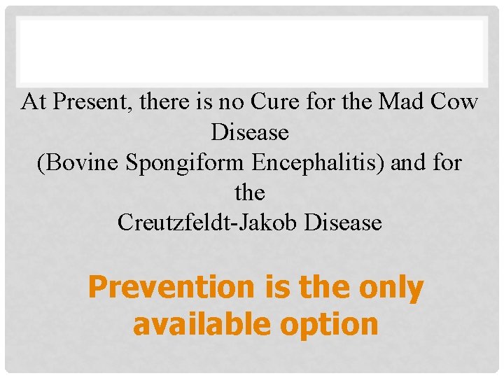 At Present, there is no Cure for the Mad Cow Disease (Bovine Spongiform Encephalitis)