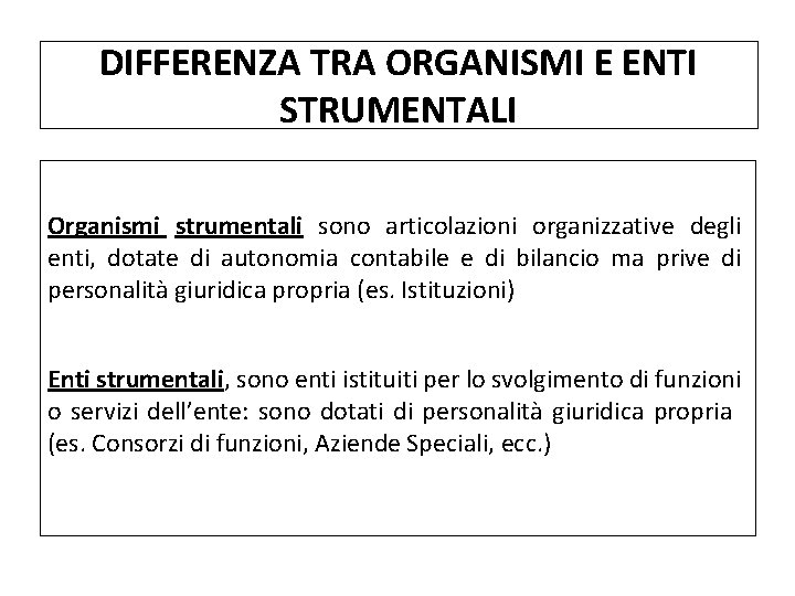 DIFFERENZA TRA ORGANISMI E ENTI STRUMENTALI Organismi strumentali sono articolazioni organizzative degli enti, dotate