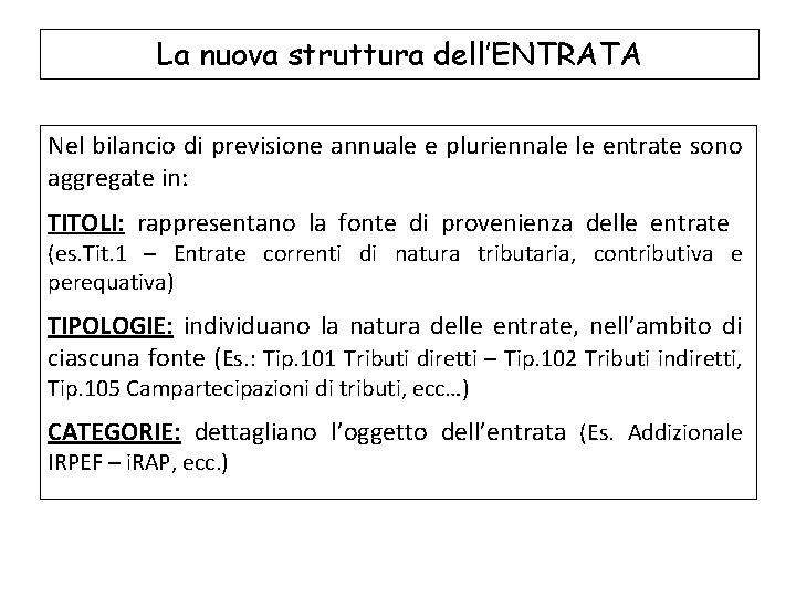 La nuova struttura dell’ENTRATA Nel bilancio di previsione annuale e pluriennale le entrate sono