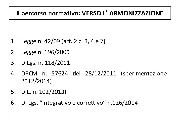 Il percorso normativo: VERSO L’ARMONIZZAZIONE 1. Legge n. 42/09 (art. 2 c. 3, 4