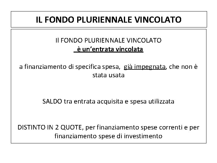 IL FONDO PLURIENNALE VINCOLATO Il FONDO PLURIENNALE VINCOLATO è un’entrata vincolata a finanziamento di