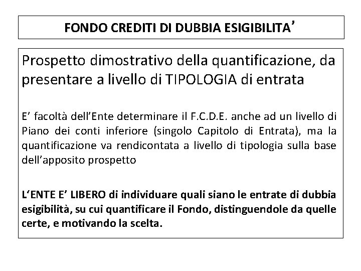 FONDO CREDITI DI DUBBIA ESIGIBILITA’ Prospetto dimostrativo della quantificazione, da presentare a livello di