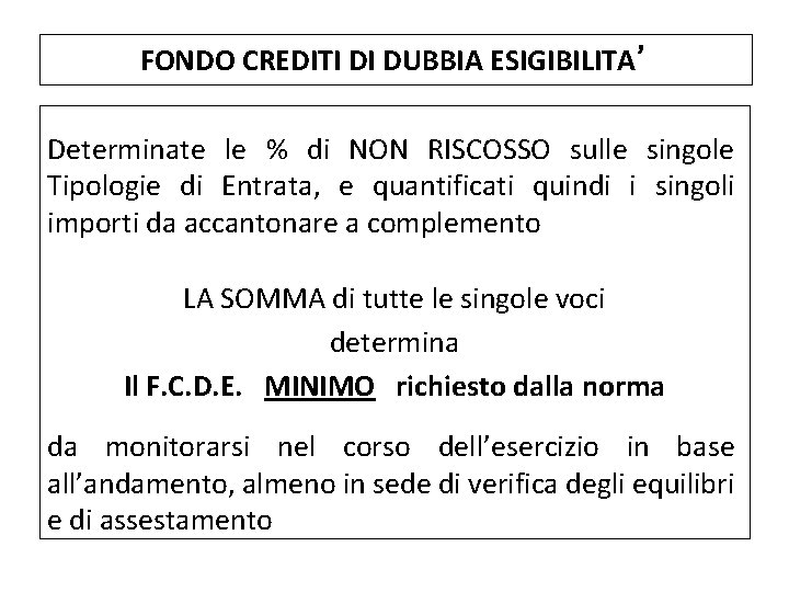 FONDO CREDITI DI DUBBIA ESIGIBILITA’ Determinate le % di NON RISCOSSO sulle singole Tipologie