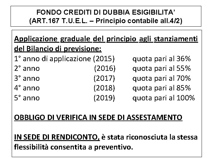 FONDO CREDITI DI DUBBIA ESIGIBILITA’ (ART. 167 T. U. E. L. – Principio contabile