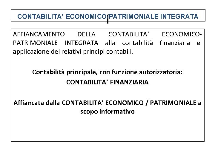 l CONTABILITA’ ECONOMICO/PATRIMONIALE INTEGRATA AFFIANCAMENTO DELLA CONTABILITA’ ECONOMICOPATRIMONIALE INTEGRATA alla contabilità finanziaria e applicazione