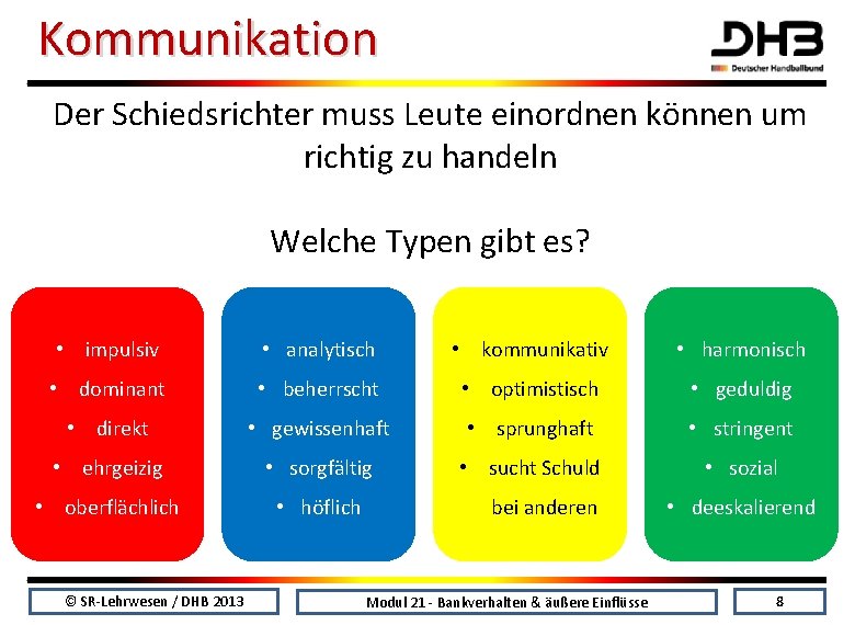 Kommunikation Der Schiedsrichter muss Leute einordnen können um richtig zu handeln Welche Typen gibt