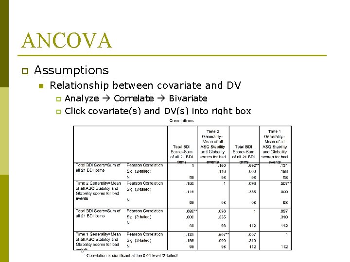 ANCOVA p Assumptions n Relationship between covariate and DV p p Analyze Correlate Bivariate