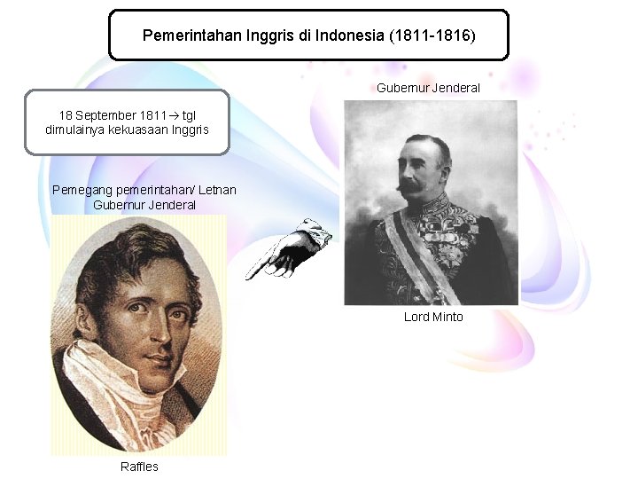 Pemerintahan Inggris di Indonesia (1811 -1816) Gubernur Jenderal 18 September 1811 tgl dimulainya kekuasaan