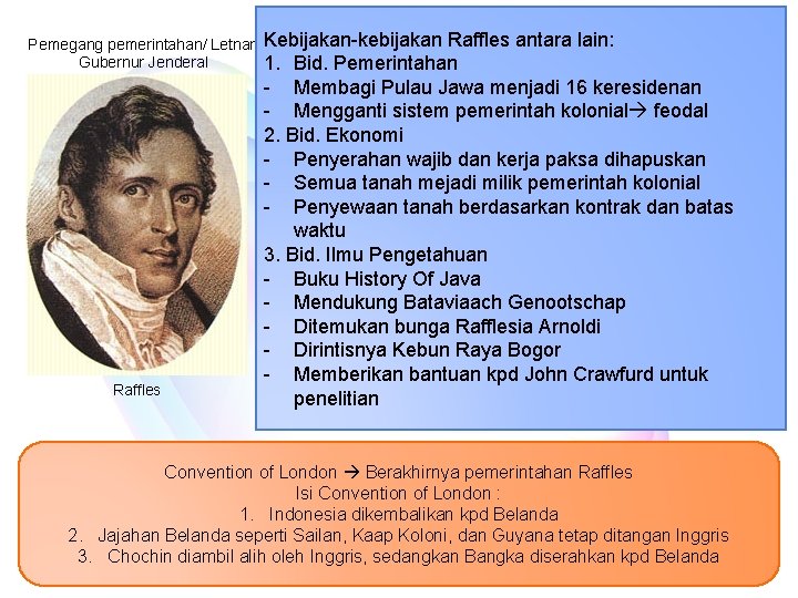 Pemegang pemerintahan/ Letnan Gubernur Jenderal Raffles Kebijakan-kebijakan Raffles antara lain: 1. Bid. Pemerintahan -