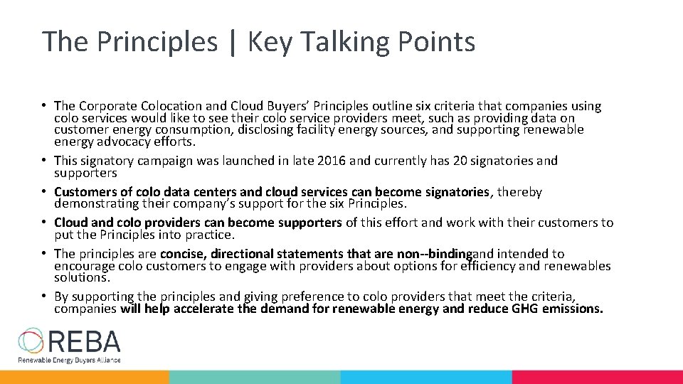 The Principles | Key Talking Points • The Corporate Colocation and Cloud Buyers’ Principles