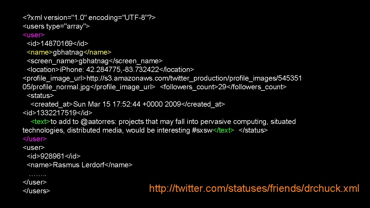 <? xml version="1. 0" encoding="UTF-8"? > <users type="array"> <user> <id>14870169</id> <name>gbhatnag</name> <screen_name>gbhatnag</screen_name> <location>i. Phone: