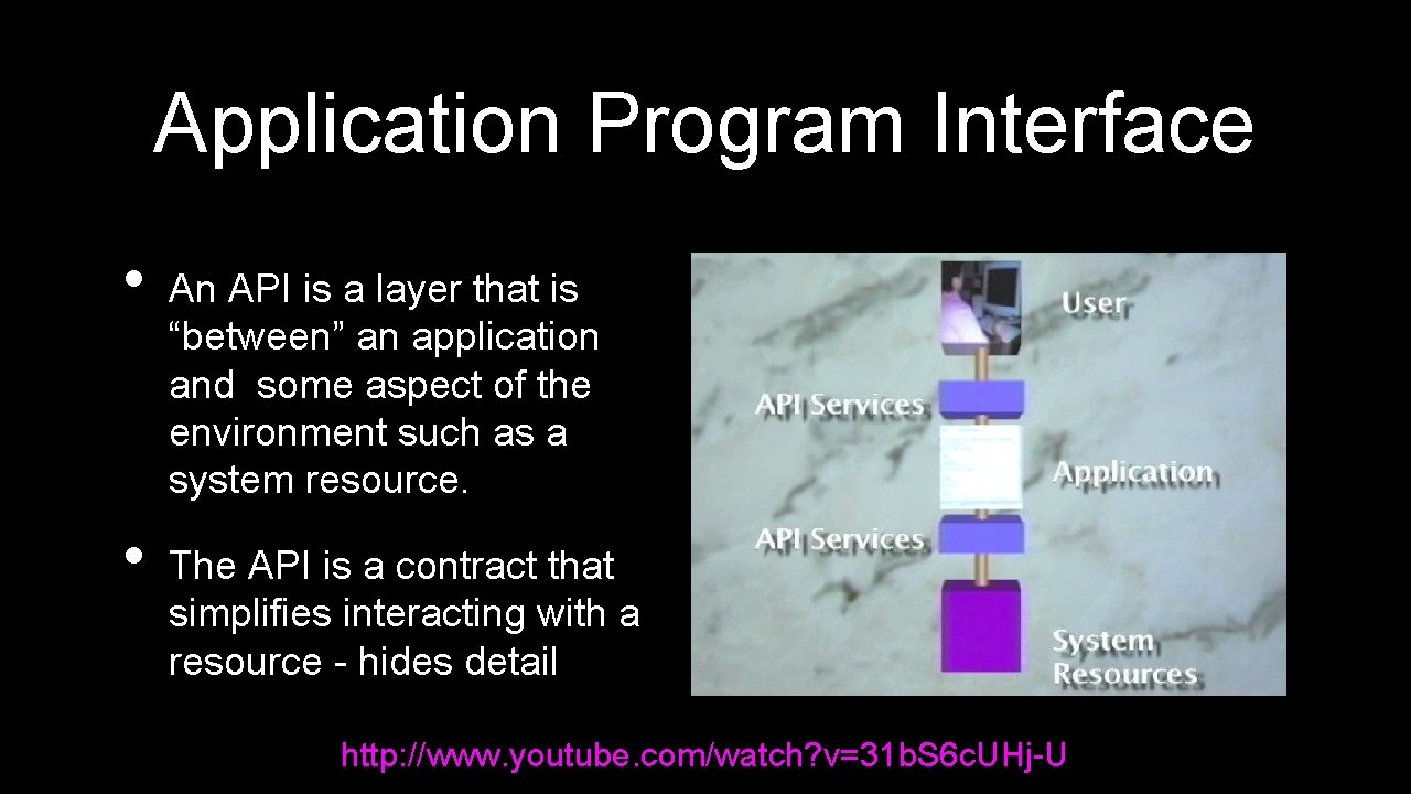 Application Program Interface • • An API is a layer that is “between” an