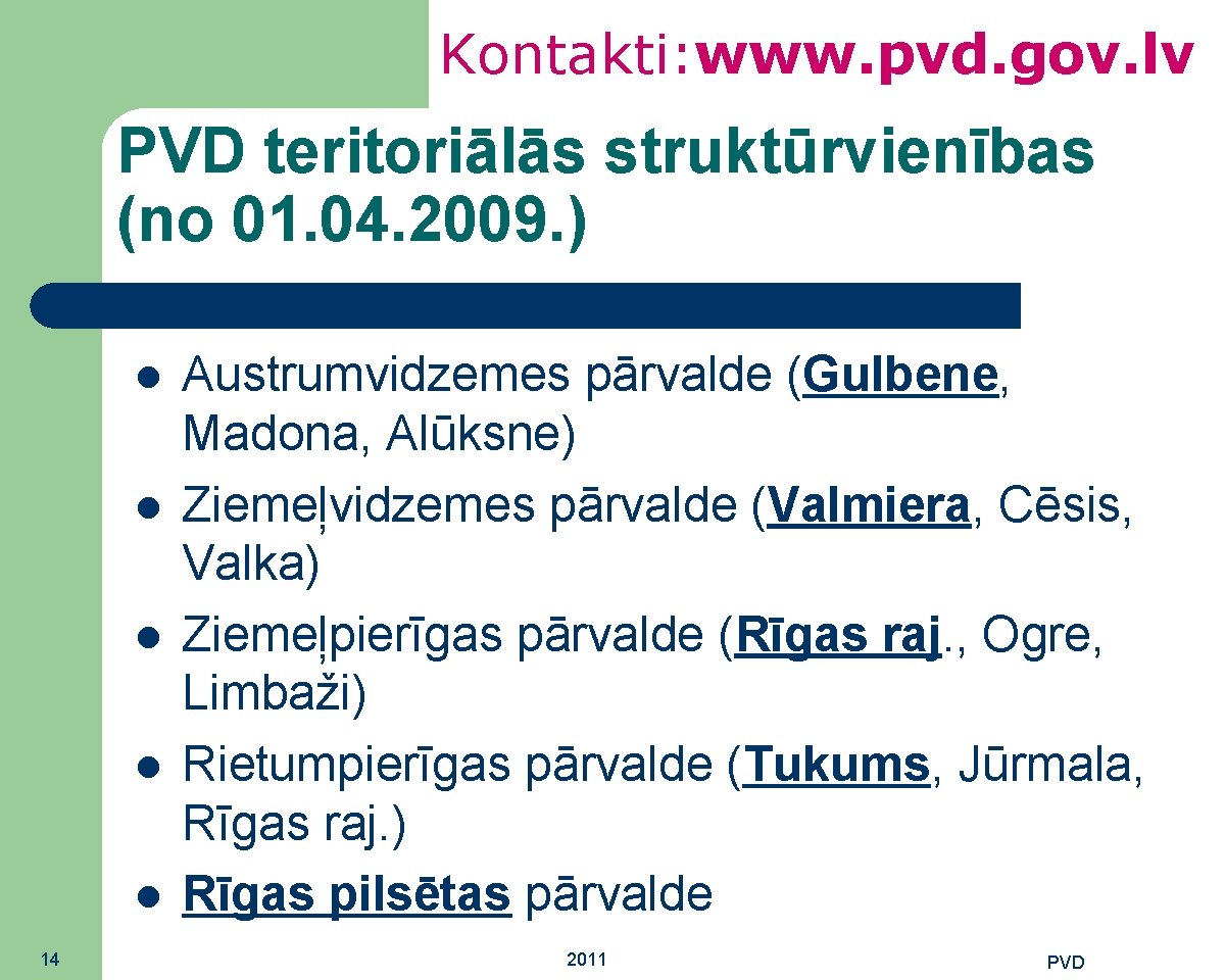 Kontakti: www. pvd. gov. lv PVD teritoriālās struktūrvienības (no 01. 04. 2009. ) 14
