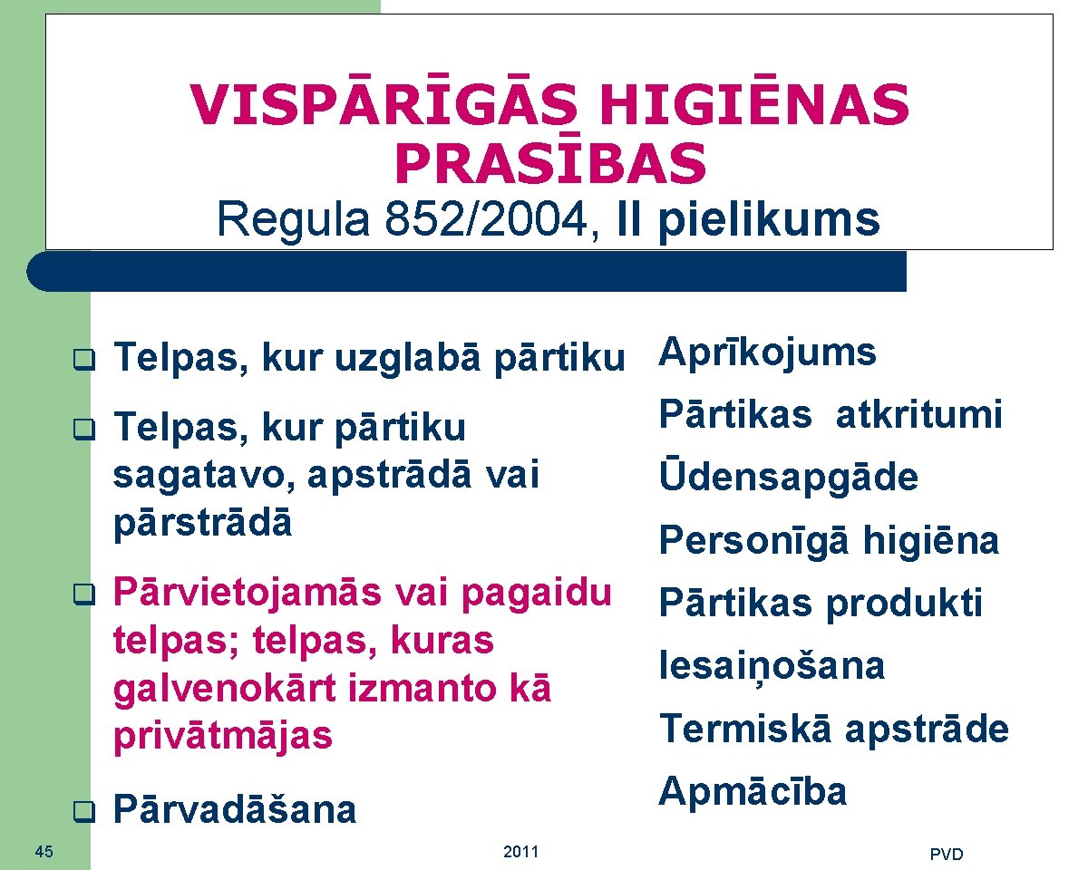 VISPĀRĪGĀS HIGIĒNAS PRASĪBAS Regula 852/2004, II pielikums 45 Telpas, kur uzglabā pārtiku Aprīkojums Pārtikas