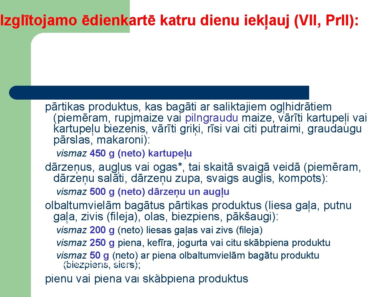 Izglītojamo ēdienkartē katru dienu iekļauj (VII, Pr. II): pārtikas produktus, kas bagāti ar saliktajiem