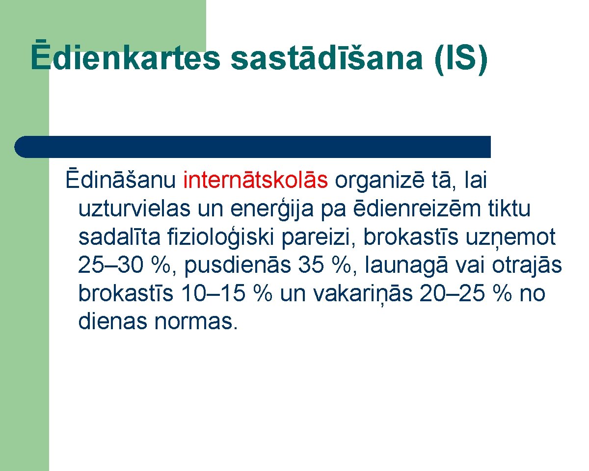 Ēdienkartes sastādīšana (IS) Ēdināšanu internātskolās organizē tā, lai uzturvielas un enerģija pa ēdienreizēm tiktu