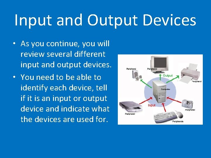 Input and Output Devices • As you continue, you will review several different input