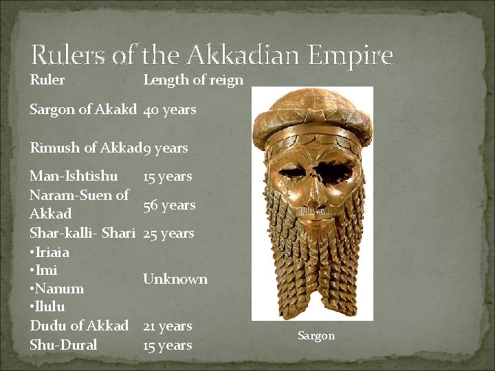 Rulers of the Akkadian Empire Ruler Length of reign Sargon of Akakd 40 years