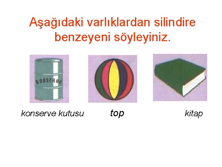 Aşağıdaki varlıklardan silindire benzeyeni söyleyiniz. konserve kutusu top kitap 