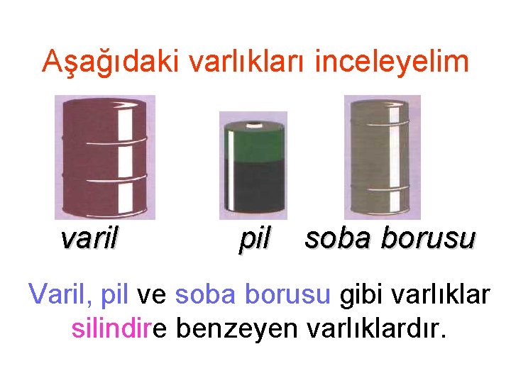 Aşağıdaki varlıkları inceleyelim varil pil soba borusu Varil, pil ve soba borusu gibi varlıklar