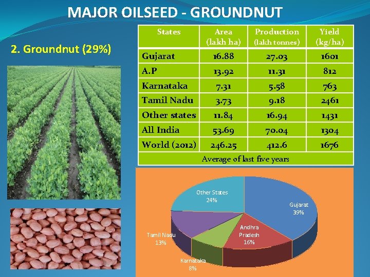 MAJOR OILSEED - GROUNDNUT States 2. Groundnut (29%) Area (lakh ha) Production (lakh tonnes)
